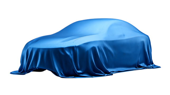A 3D covered vehicle draped in shiny blue cloth, minimalistic presentation for marketing, shown neatly on smooth white background 
