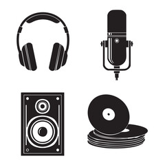 Vector art of black and white illustration of music equipment, including headphones, a microphone, a speaker, and vinyl records