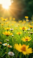 Fototapeta premium Golden Wildflowers Swaying in a Sun-Drenched Meadow A Tranquil Summer Scene of Vibrant Natural Beauty, Ideal for Idyllic Backgrounds and Peaceful Imagery.