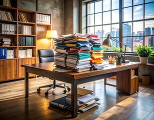 Sunlit office with large stack of files on a wooden desk, near a bookcase and window