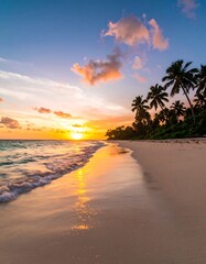 Tranquil sunset over a tropical beach with palm trees and gentle waves