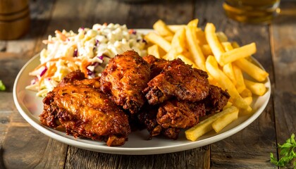A plate of crispy, seasoned chicken wings and french fries, accompanied by a side of coleslaw, sits on a rustic wooden table.