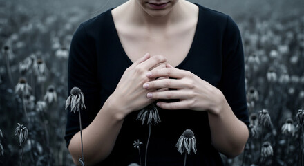 A woman sadly covering her chest with her hands in a field of withered gray flowers