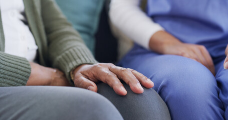 Hands, mature patient and nurse for healthcare, discussion and support for arthritis. People, senior man and person with caregiver for helping, diagnosis and injury advice for retirement in clinic