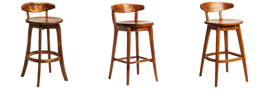 Modern Wooden Bar Stool with Round Seat and Curved Backrest on Transparent Background