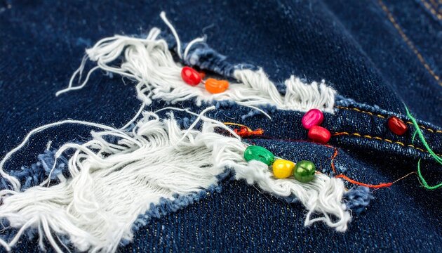 Ripped denim with colorful buttons