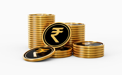 Sleek Golden And Black Indian Rupee Coins Rounded Coins Stack On White Background 3d Illustration