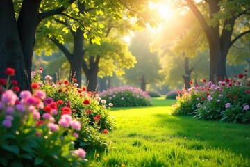 Obraz premium Serene Spring Garden Sunlight Bathes Blooming Flowers and Vibrant Green Grass in a Peaceful, Picturesque Scene Perfect for Relaxation