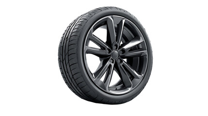 A modern black car tire with alloy rim, minimalistic product presentation style, shown neatly on smooth white background 