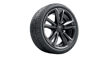 A modern black car tire with alloy rim, minimalistic product presentation style, shown neatly on smooth white background 
