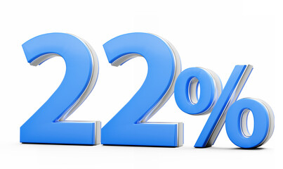 Vibrant Blue 22% Twenty Two Percent Sign With Metallic Gleam On White Background 3D Illustration