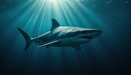 A magnificent great white shark swims gracefully through deep ocean waters, bathed in the ethereal sunlight filtering down from above.