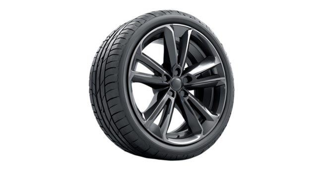 A modern black car tire with alloy rim, minimalistic product presentation style, shown neatly on smooth white background 