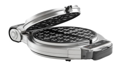 A modern waffle iron with digital display and chrome finish, minimalistic product presentation, shown neatly on smooth white background 