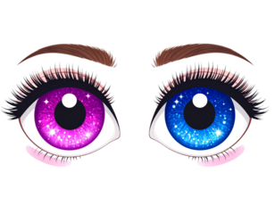 Cute Kawaii Cartoon Eyes with Sparkles and Blushing Cheeks, Isolated Transparent Illustration