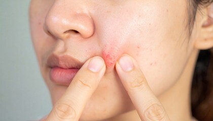 Close-up of a young woman's face dealing with an inflamed skin blemish, highlighting the common issue of acne and skincare.