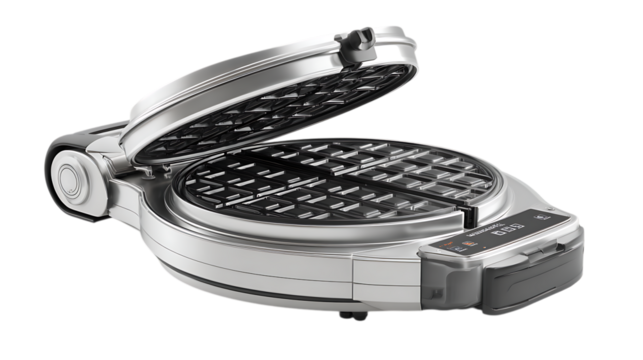 A modern waffle iron with digital display and chrome finish, minimalistic product presentation, shown neatly on smooth white background
