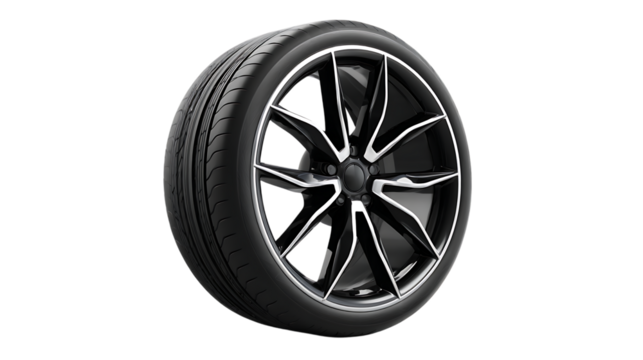 A modern black car tire with alloy rim, minimalistic product presentation style, shown neatly on smooth white background 
