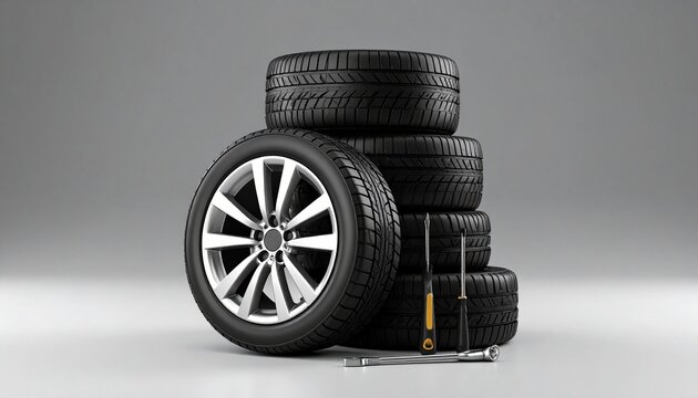 Stack of car tires with alloy wheel and repair tools on a dark background. - Powered by Adobe
