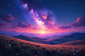 Ethereal Starlight Illuminates Rolling Hills Under a Vibrant Cosmic Sky A Vast, Mystical Landscape Perfect for Fantasy and Celestial Themes