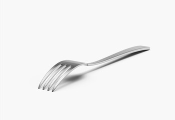 A sleek stainless steel fork with a reflective finish and a slightly curved handle. 3D Illustration
