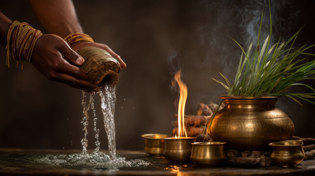 Pitru Paksha fire ritual with water offerings in brass vessels, Hindu Shraddha ceremony performed with devotion and ancestral remembrance for peace and blessings