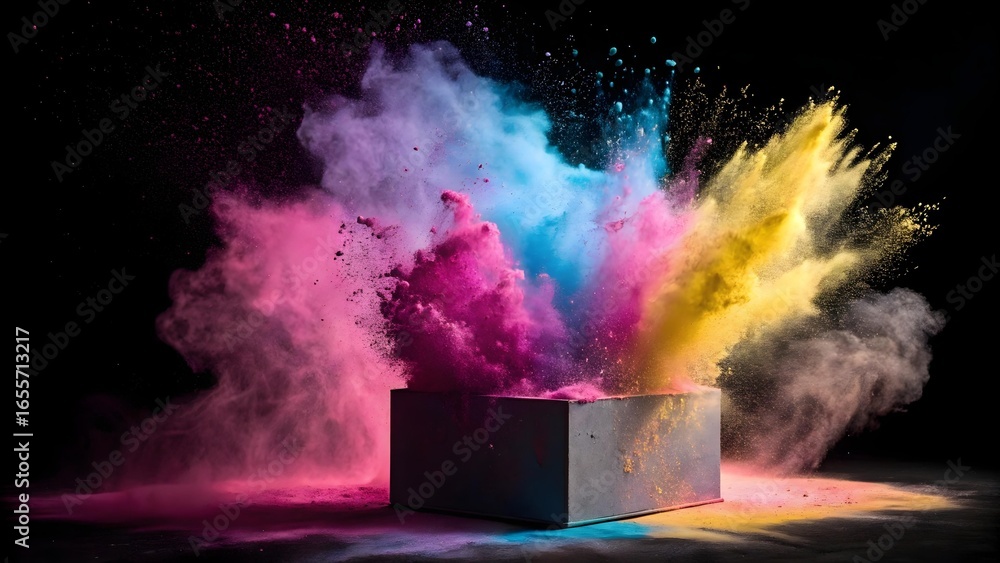 Poster a box erupts in a vibrant explosion of colorful powder, creating an abstract and dynamic display aga