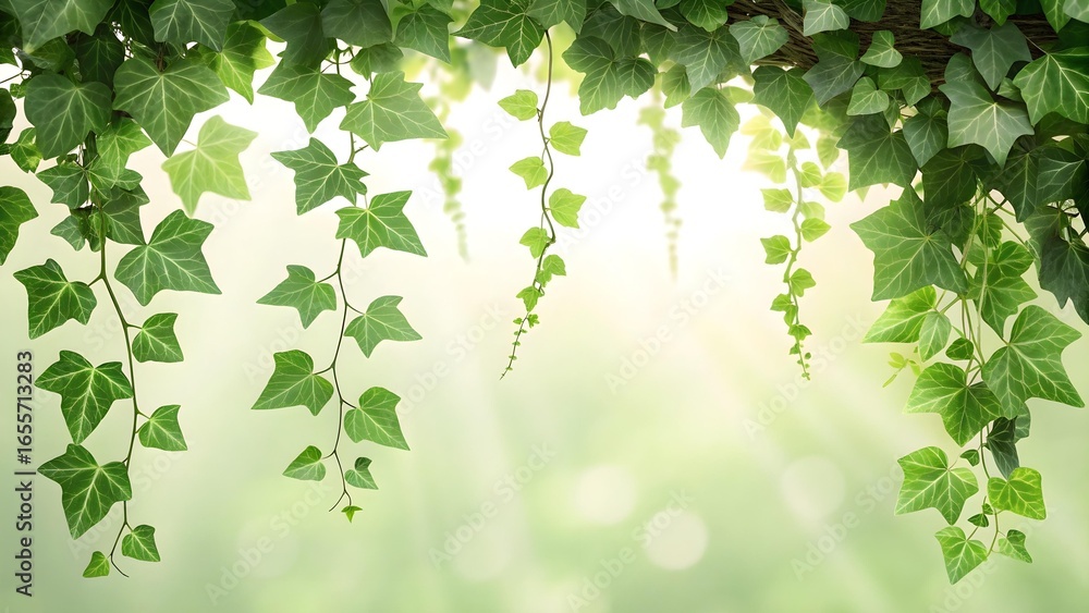 Poster sunlight streams through hanging ivy leaves, creating a soft and natural green background