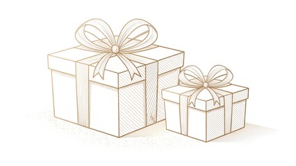 Fototapeta premium Two beautifully sketched gift boxes with ribbons and bows are presented on a white background