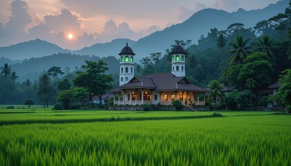 A serene mosque stands amidst lush green rice paddies, bathed in the soft light of a tranquil sunset over the distant mountains.