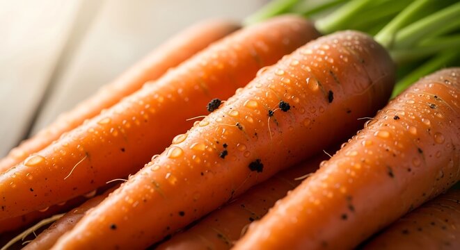 Fresh organic carrots with soil and water drops in natural light