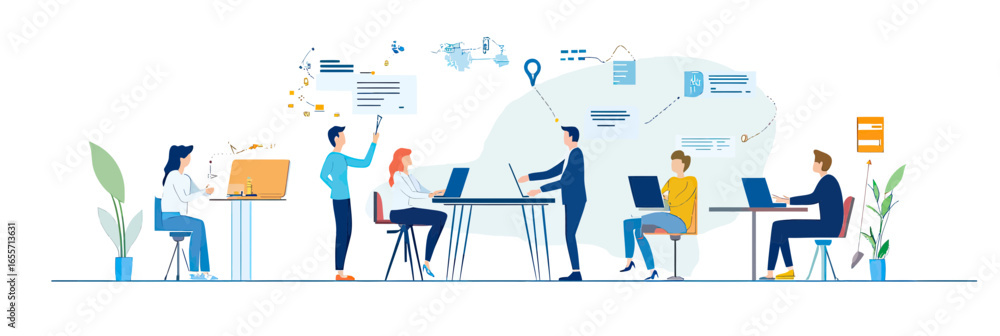 Poster diverse business team collaborating in modern office with laptops charts messages teamwork project c