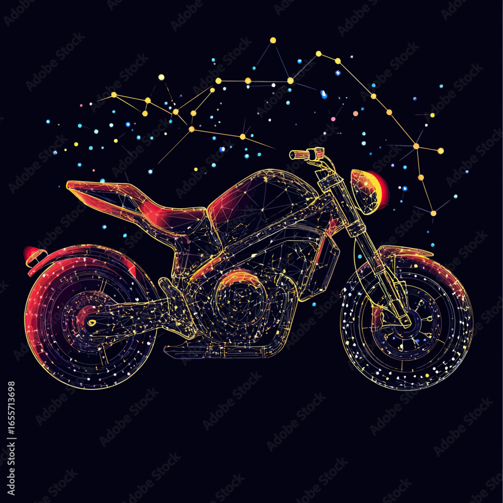 Poster abstract digital vector illustration of futuristic motorcycle composed of interconnected points and 