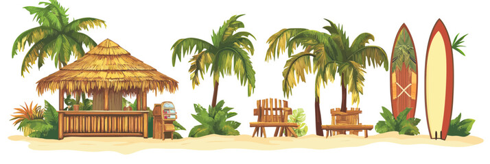 Tropical beach tiki bar with straw roof hut, bamboo counter, palm trees, wooden bench, tropical plants, and colorful surfboards in flat minimalist style vector