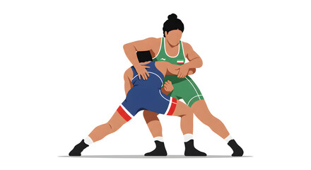 Two determined female wrestlers locked in a fierce grappling match on a white background, showcasing strength and athleticism