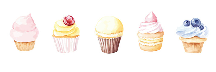 Set of watercolor vector cupcakes and macarons with fruit toppings in minimalist style isolated on white background for dessert and sweet food design collection