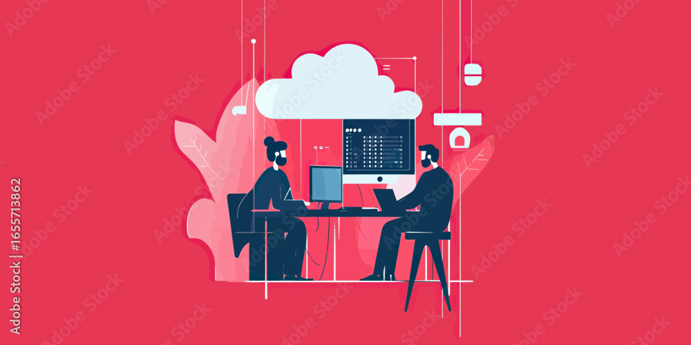 Poster flat vector illustration of male and female developers working on laptops under cloud computing serv