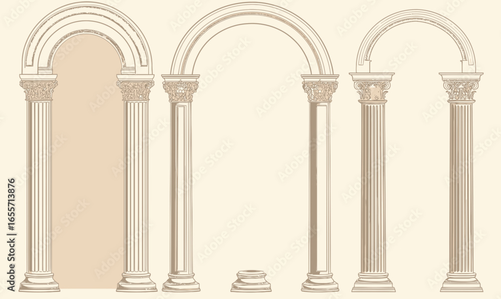 Poster vector vintage classical roman arches with corinthian columns architectural elements set in minimali