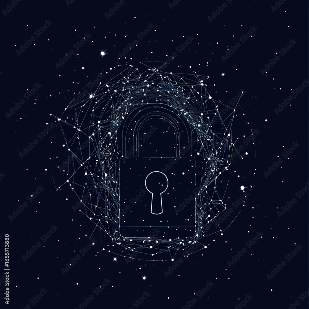 Poster cybersecurity concept with digital padlock surrounded by interconnected network points and glowing s