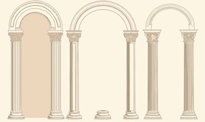 Vector vintage classical Roman arches with Corinthian columns architectural elements set in minimalist engraved line art style on beige background