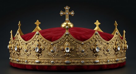 ​A magnificent, jeweled crown with a red velvet cushion and a golden cross on top