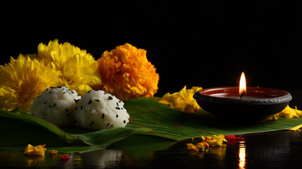 Sacred Pitru Paksha Ritual with Rice Offering, Flowers, and Lit Diya Lamp for Ancestors Blessings and Spiritual Devotion