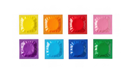 Collection of eight colorful foil sachets arranged in two rows isolated on transparent background