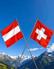 Two flags crossed against a mountainous backdrop