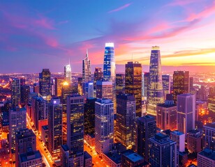 Vibrant cityscape at dusk, showcasing a dense cluster of skyscrapers illuminated against a colorful sunset sky