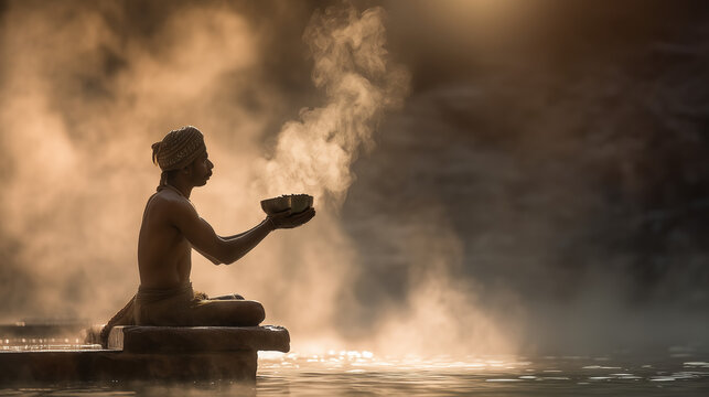 Devotee performing sacred water offering during Pitru Paksha rituals with holy vessel, symbolizing spiritual devotion, ancestor homage, and divine connection in Hindu tradition
