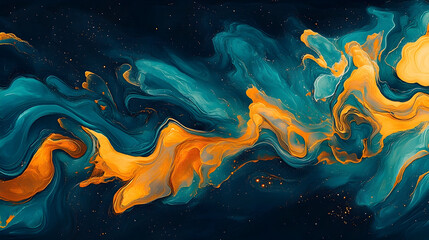 Abstract Fluid Art: Swirling Teal and Gold on Dark Blue Canvas
