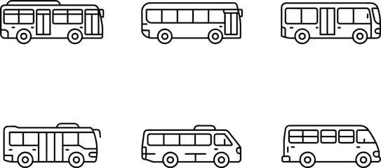 Collection of simple outline illustrations of various types of buses and vans