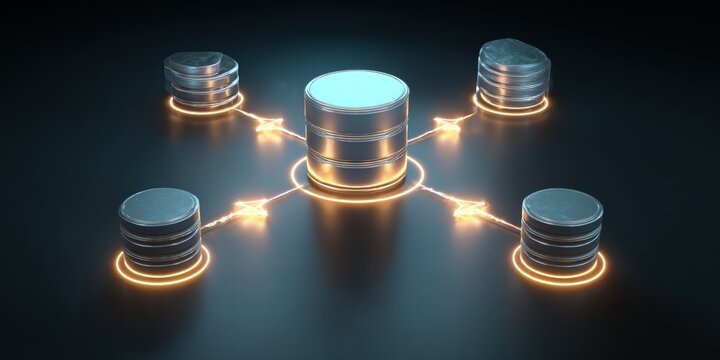 Data flow diagram. Process decomposition and data flow analysis. Engineer using laptop computer to manage data processing system.