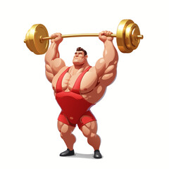 Obraz premium Strong weightlifter in red suit lifting heavy golden barbell with power pose